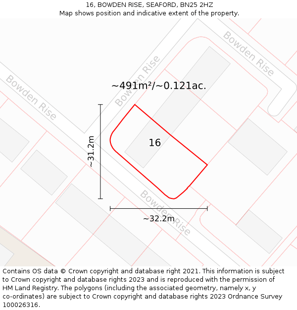 16, BOWDEN RISE, SEAFORD, BN25 2HZ: Plot and title map
