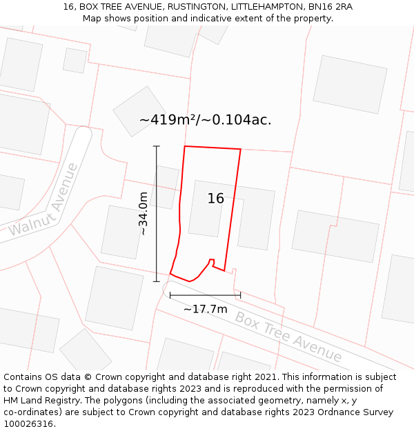 16, BOX TREE AVENUE, RUSTINGTON, LITTLEHAMPTON, BN16 2RA: Plot and title map
