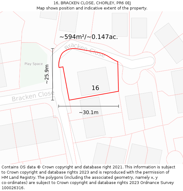 16, BRACKEN CLOSE, CHORLEY, PR6 0EJ: Plot and title map