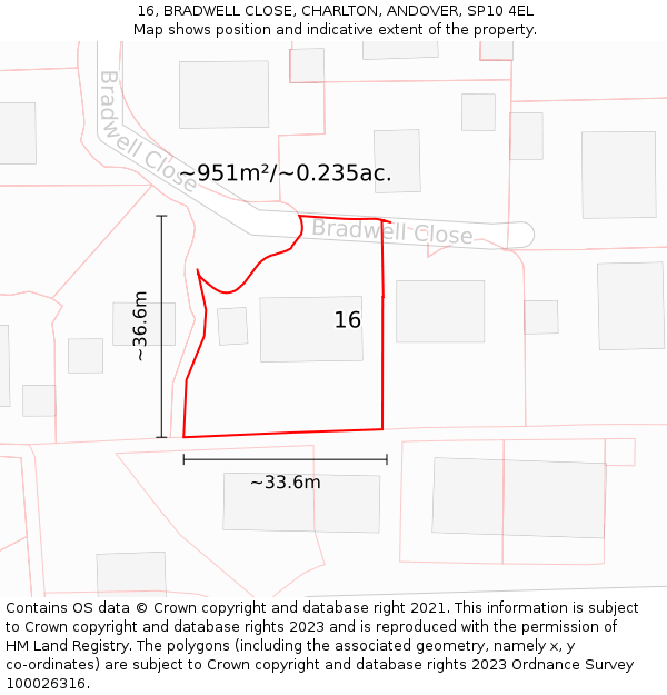16, BRADWELL CLOSE, CHARLTON, ANDOVER, SP10 4EL: Plot and title map