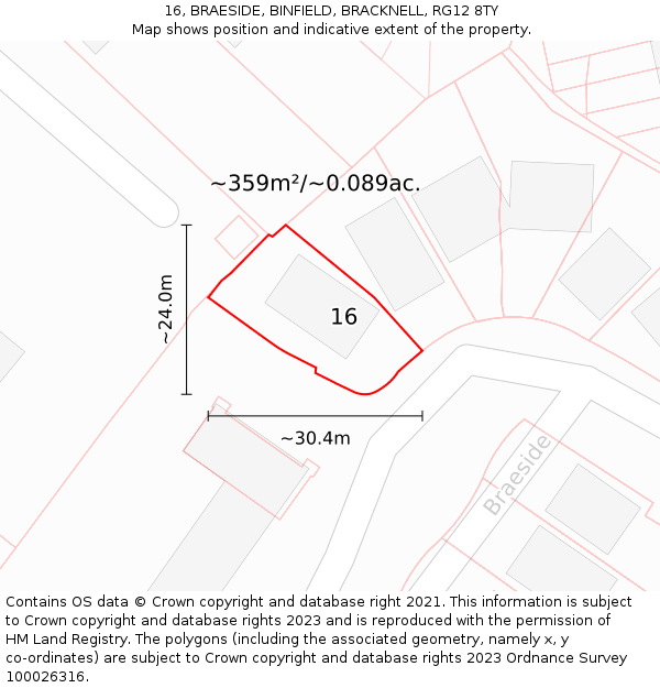 16, BRAESIDE, BINFIELD, BRACKNELL, RG12 8TY: Plot and title map