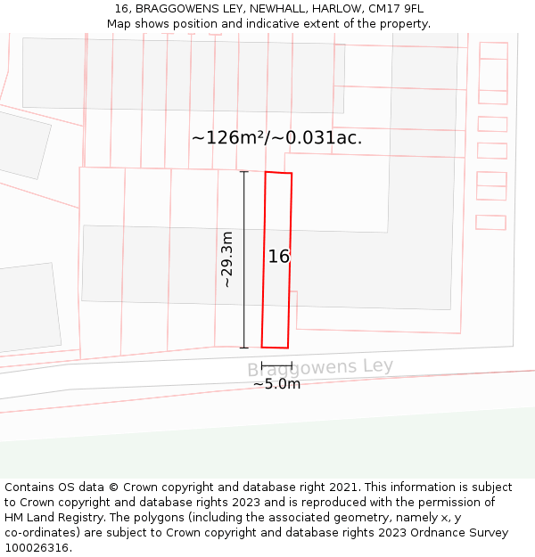 16, BRAGGOWENS LEY, NEWHALL, HARLOW, CM17 9FL: Plot and title map