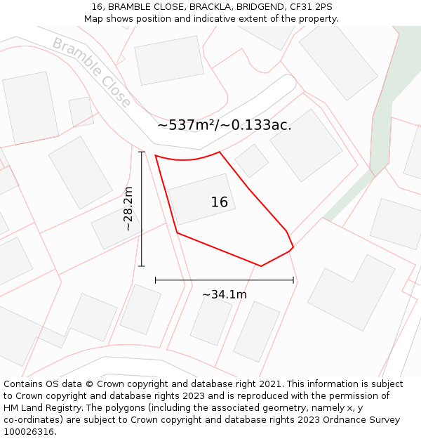 16, BRAMBLE CLOSE, BRACKLA, BRIDGEND, CF31 2PS: Plot and title map