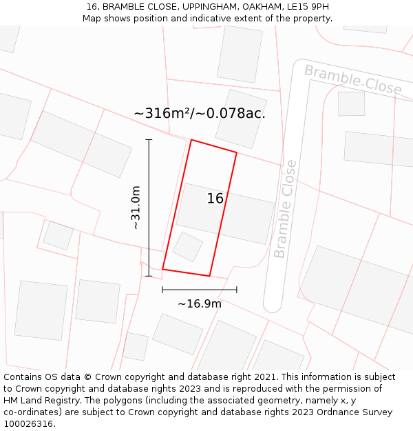 16, BRAMBLE CLOSE, UPPINGHAM, OAKHAM, LE15 9PH: Plot and title map