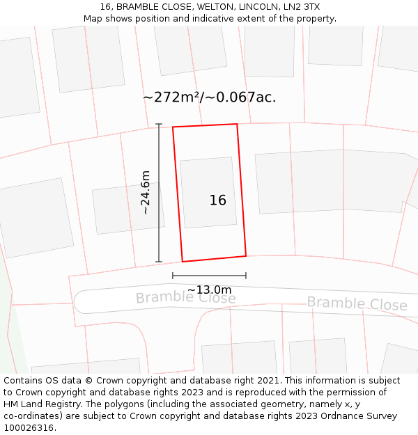 16, BRAMBLE CLOSE, WELTON, LINCOLN, LN2 3TX: Plot and title map