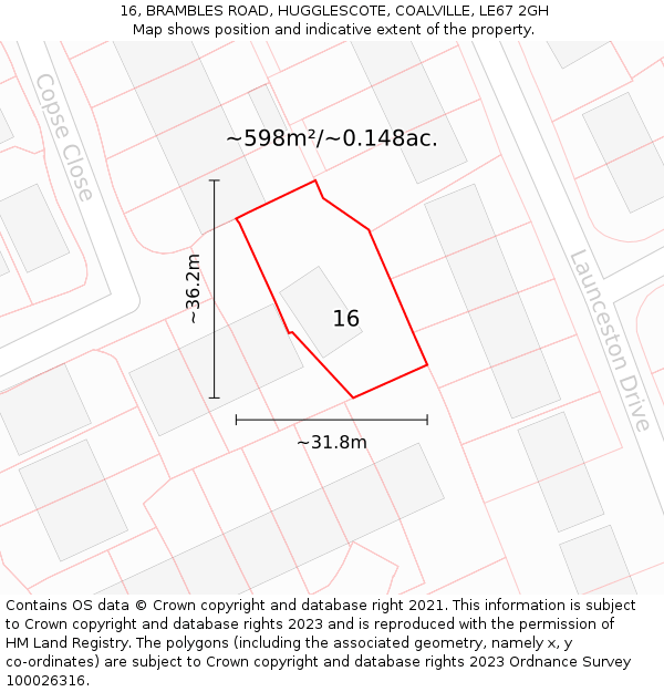 16, BRAMBLES ROAD, HUGGLESCOTE, COALVILLE, LE67 2GH: Plot and title map