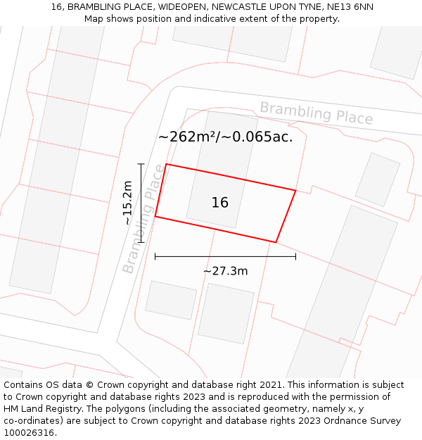 16, BRAMBLING PLACE, WIDEOPEN, NEWCASTLE UPON TYNE, NE13 6NN: Plot and title map
