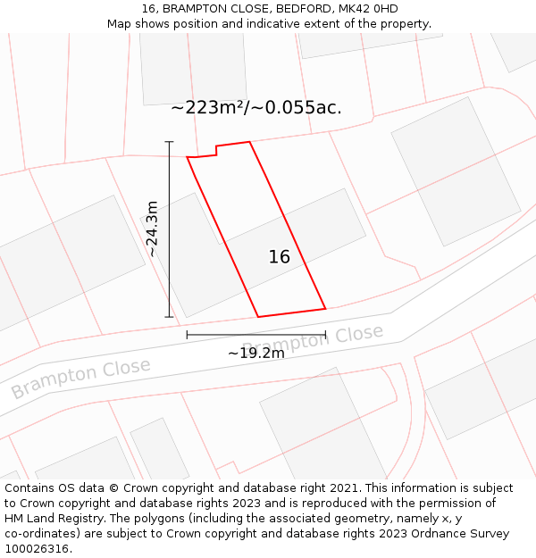 16, BRAMPTON CLOSE, BEDFORD, MK42 0HD: Plot and title map
