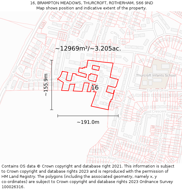 16, BRAMPTON MEADOWS, THURCROFT, ROTHERHAM, S66 9ND: Plot and title map