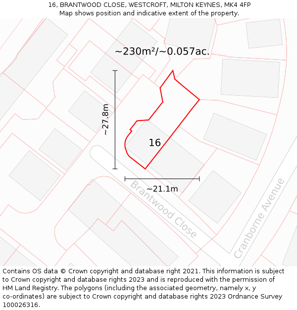 16, BRANTWOOD CLOSE, WESTCROFT, MILTON KEYNES, MK4 4FP: Plot and title map