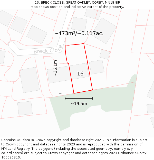 16, BRECK CLOSE, GREAT OAKLEY, CORBY, NN18 8JR: Plot and title map
