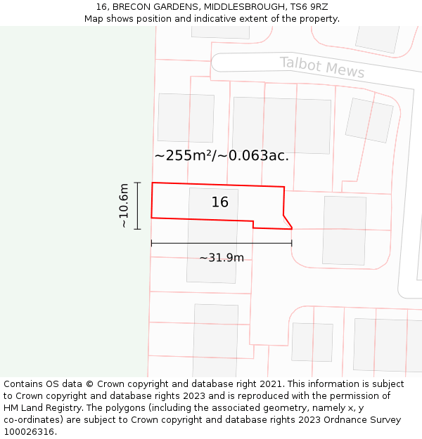 16, BRECON GARDENS, MIDDLESBROUGH, TS6 9RZ: Plot and title map
