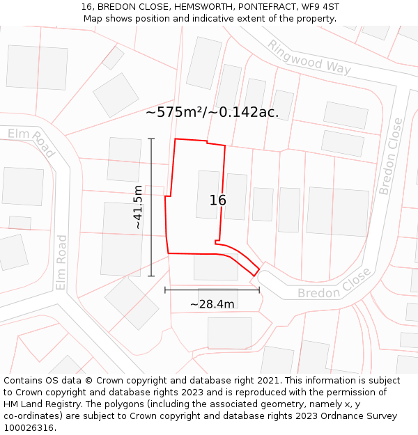 16, BREDON CLOSE, HEMSWORTH, PONTEFRACT, WF9 4ST: Plot and title map