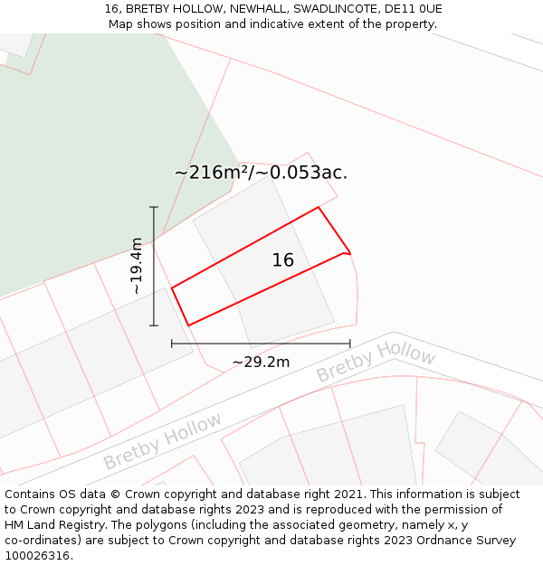 16, BRETBY HOLLOW, NEWHALL, SWADLINCOTE, DE11 0UE: Plot and title map
