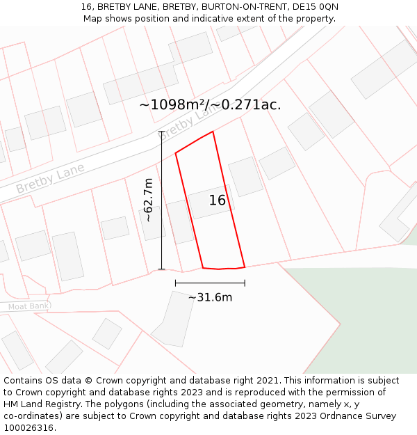 16, BRETBY LANE, BRETBY, BURTON-ON-TRENT, DE15 0QN: Plot and title map