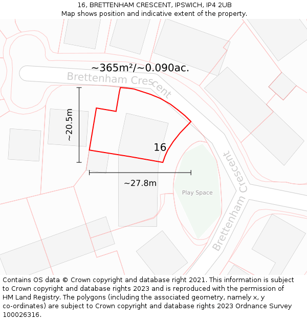 16, BRETTENHAM CRESCENT, IPSWICH, IP4 2UB: Plot and title map