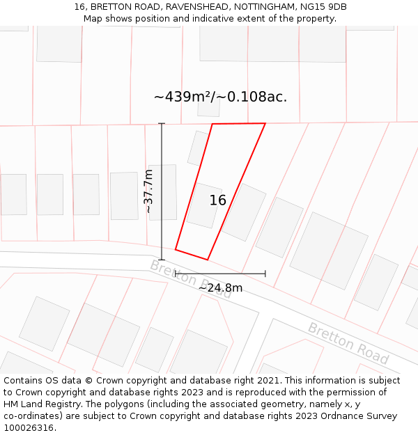 16, BRETTON ROAD, RAVENSHEAD, NOTTINGHAM, NG15 9DB: Plot and title map