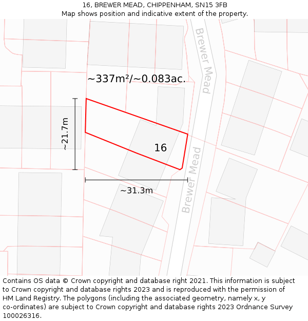16, BREWER MEAD, CHIPPENHAM, SN15 3FB: Plot and title map