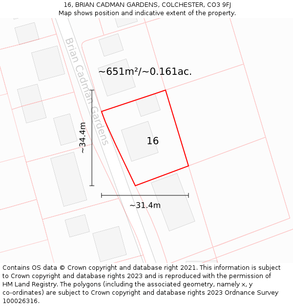 16, BRIAN CADMAN GARDENS, COLCHESTER, CO3 9FJ: Plot and title map