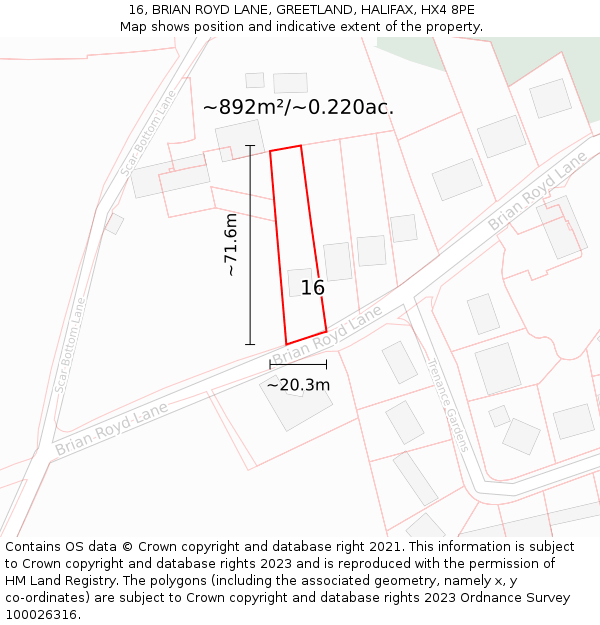 16, BRIAN ROYD LANE, GREETLAND, HALIFAX, HX4 8PE: Plot and title map
