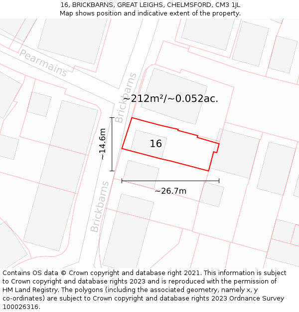 16, BRICKBARNS, GREAT LEIGHS, CHELMSFORD, CM3 1JL: Plot and title map