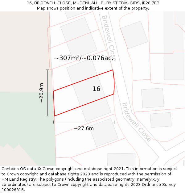 16, BRIDEWELL CLOSE, MILDENHALL, BURY ST EDMUNDS, IP28 7RB: Plot and title map