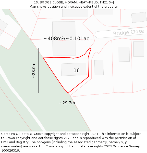16, BRIDGE CLOSE, HORAM, HEATHFIELD, TN21 0HJ: Plot and title map