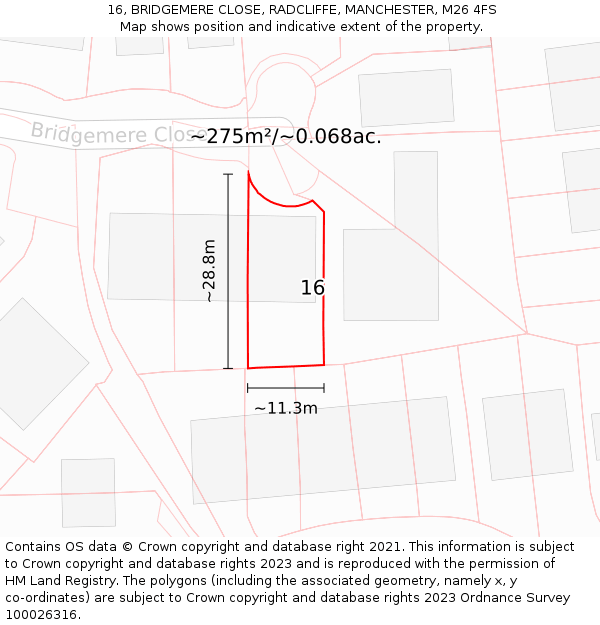 16, BRIDGEMERE CLOSE, RADCLIFFE, MANCHESTER, M26 4FS: Plot and title map