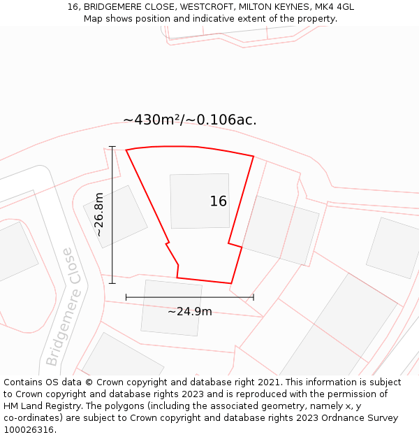 16, BRIDGEMERE CLOSE, WESTCROFT, MILTON KEYNES, MK4 4GL: Plot and title map