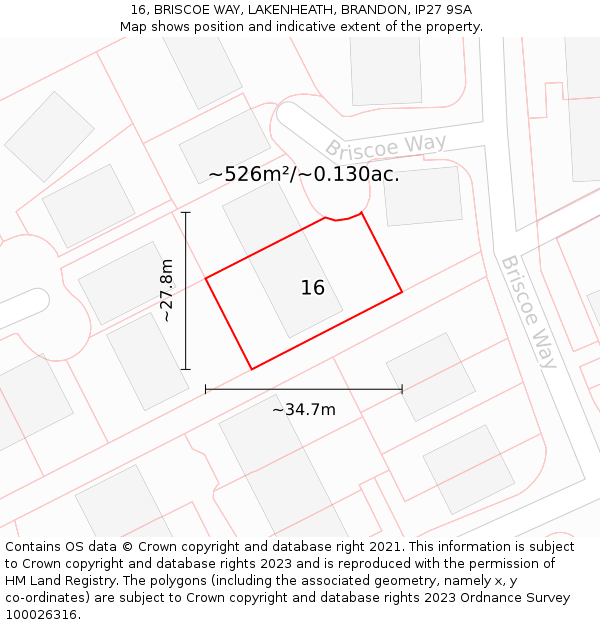 16, BRISCOE WAY, LAKENHEATH, BRANDON, IP27 9SA: Plot and title map