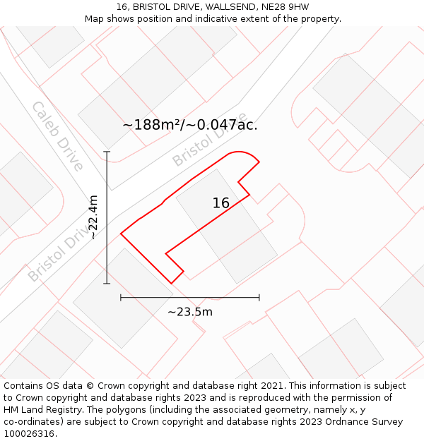 16, BRISTOL DRIVE, WALLSEND, NE28 9HW: Plot and title map