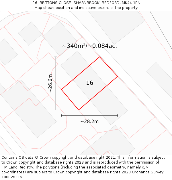 16, BRITTONS CLOSE, SHARNBROOK, BEDFORD, MK44 1PN: Plot and title map
