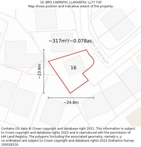 16, BRO CAERWYN, LLANGEFNI, LL77 7GF: Plot and title map