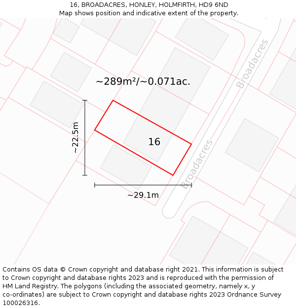 16, BROADACRES, HONLEY, HOLMFIRTH, HD9 6ND: Plot and title map