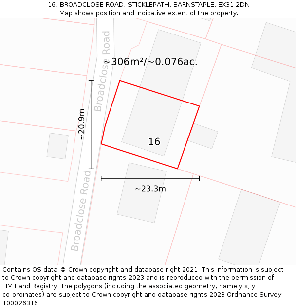 16, BROADCLOSE ROAD, STICKLEPATH, BARNSTAPLE, EX31 2DN: Plot and title map