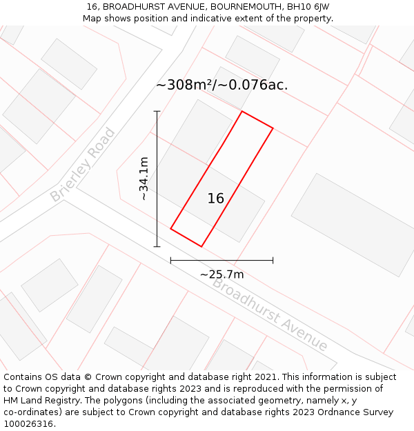 16, BROADHURST AVENUE, BOURNEMOUTH, BH10 6JW: Plot and title map