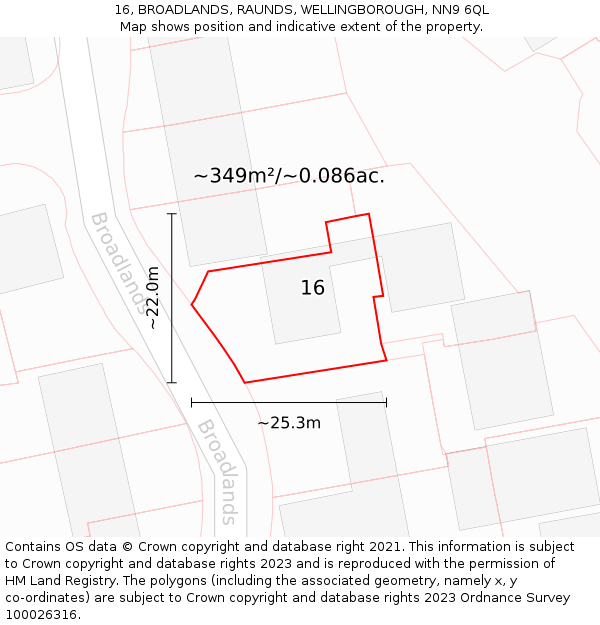 16, BROADLANDS, RAUNDS, WELLINGBOROUGH, NN9 6QL: Plot and title map