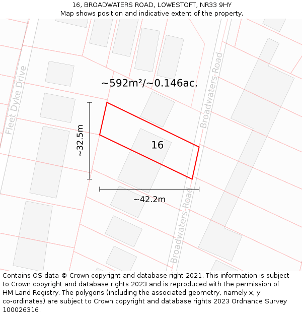 16, BROADWATERS ROAD, LOWESTOFT, NR33 9HY: Plot and title map