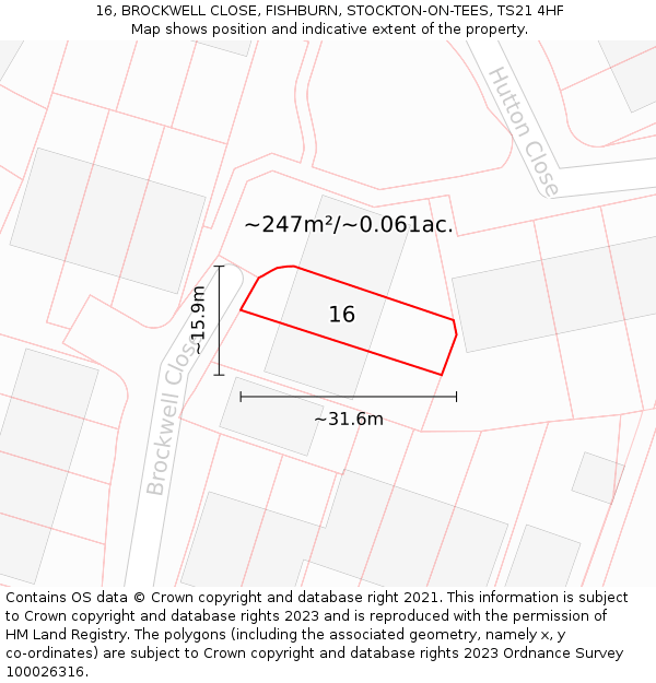 16, BROCKWELL CLOSE, FISHBURN, STOCKTON-ON-TEES, TS21 4HF: Plot and title map