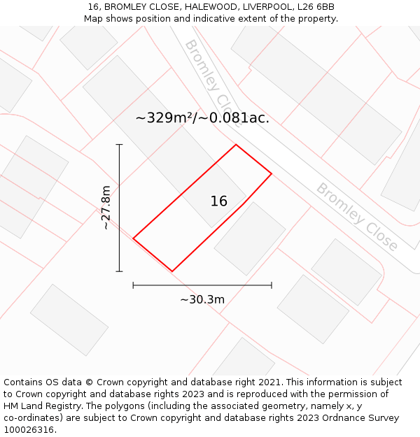 16, BROMLEY CLOSE, HALEWOOD, LIVERPOOL, L26 6BB: Plot and title map