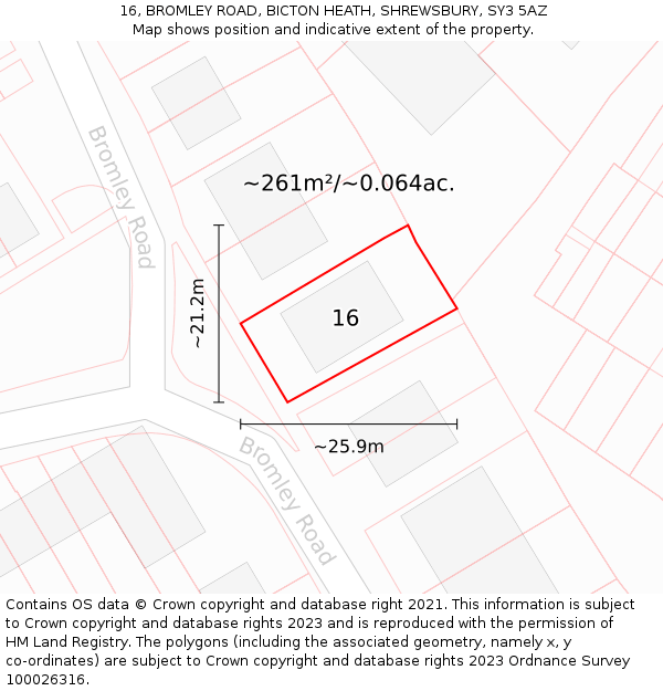 16, BROMLEY ROAD, BICTON HEATH, SHREWSBURY, SY3 5AZ: Plot and title map