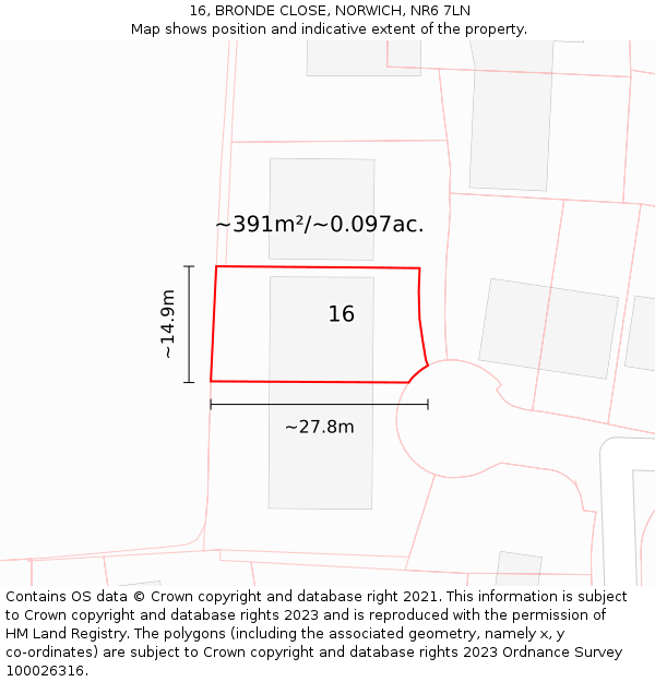 16, BRONDE CLOSE, NORWICH, NR6 7LN: Plot and title map