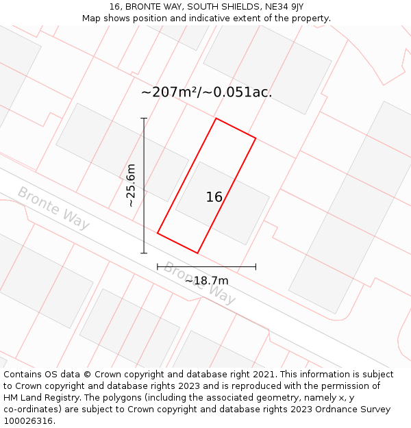 16, BRONTE WAY, SOUTH SHIELDS, NE34 9JY: Plot and title map