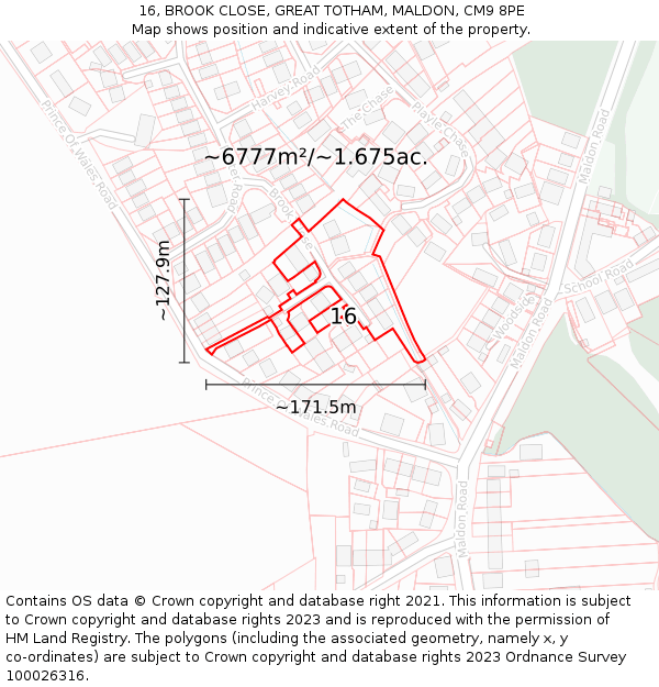 16, BROOK CLOSE, GREAT TOTHAM, MALDON, CM9 8PE: Plot and title map