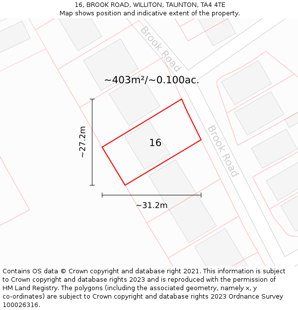 16, BROOK ROAD, WILLITON, TAUNTON, TA4 4TE: Plot and title map