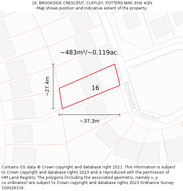 16, BROOKSIDE CRESCENT, CUFFLEY, POTTERS BAR, EN6 4QN: Plot and title map