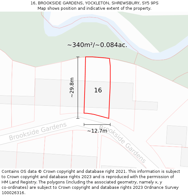 16, BROOKSIDE GARDENS, YOCKLETON, SHREWSBURY, SY5 9PS: Plot and title map