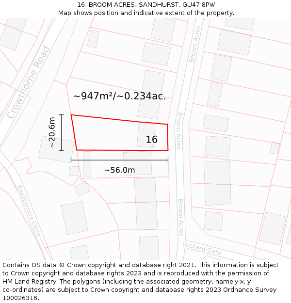 16, BROOM ACRES, SANDHURST, GU47 8PW: Plot and title map