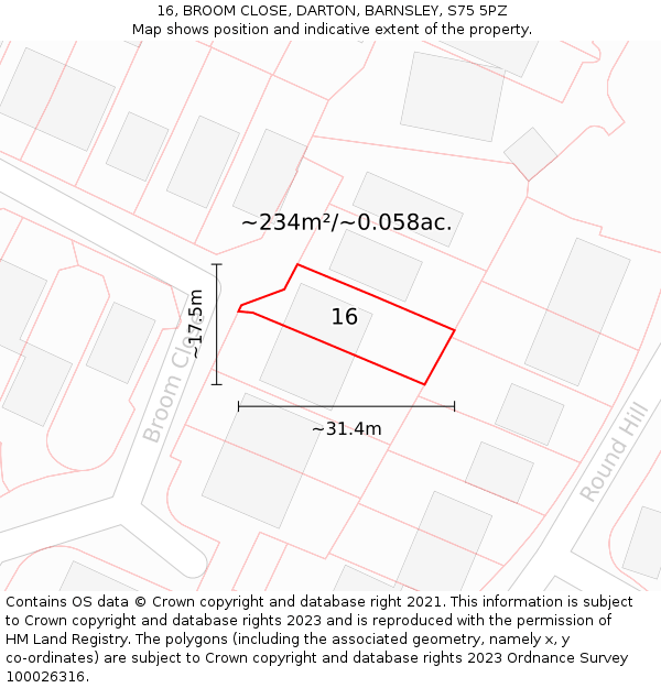 16, BROOM CLOSE, DARTON, BARNSLEY, S75 5PZ: Plot and title map
