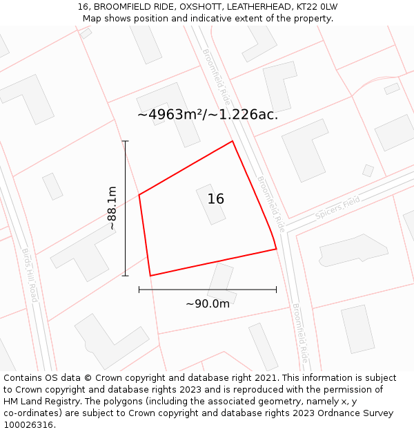 16, BROOMFIELD RIDE, OXSHOTT, LEATHERHEAD, KT22 0LW: Plot and title map